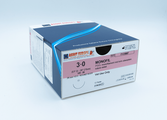 Assut Europe MONOFIL Absorbable Surgical Suture USP Size 3-0, (HR-26) 26mm 1/2 C. TAPER, 28 Inches (70 cm), 12 Count, Veterinary Use Only