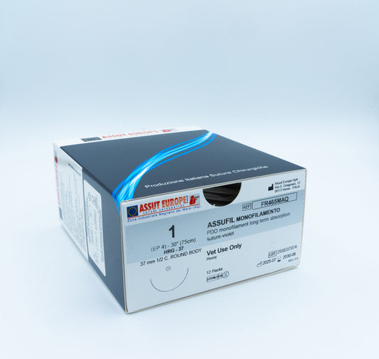 Assut Europe ASSUFIL MONOFILAMENT Absorbable Surgical Suture USP Size 1, (HRG-37) 37 mm 1/2 C. TAPER, 30 Inches (75 cm), 12 Count, Veterinary Use Only