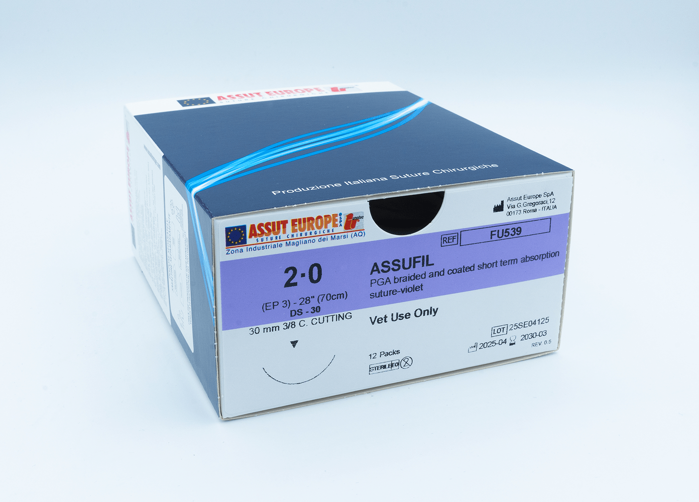 Assut Europe ASSUFIL Absorbable Surgical Suture USP Size 2-0, (DS-30) 30mm 3/8 C. Cutting Edge, 28 Inches (70 cm), 12 Count, Veterinary Use Only