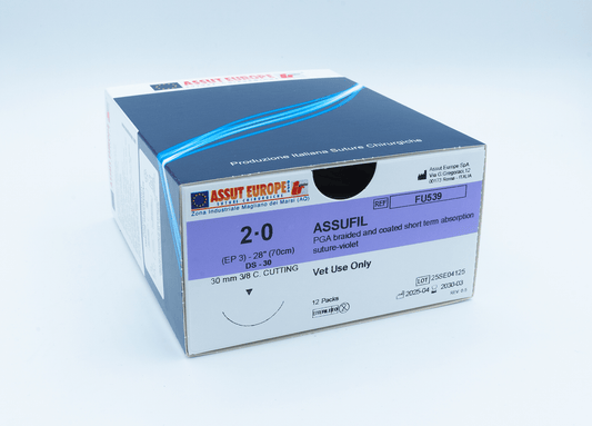 Assut Europe ASSUFIL Absorbable Surgical Suture USP Size 2-0, (DS-30) 30mm 3/8 C. Cutting Edge, 28 Inches (70 cm), 12 Count, Veterinary Use Only