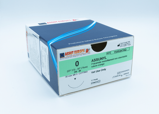 Assut Europe ASSUNYL Non-Absorbable Surgical Suture USP Size 0, (DS-30) 30 mm 3/8 C. Cutting Edge, 30 Inches (75 cm), 12 Count, Veterinary Use Only