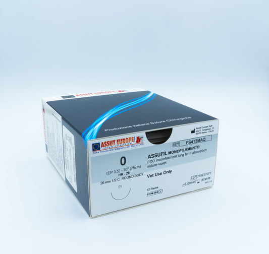 Assut Europe ASSUFIL MONOFILAMENT Absorbable Surgical Suture USP Size 0, (HR-26) 26 mm 1/2 C. TAPER, 30 Inches (75 cm), 12 Count, Veterinary Use Only