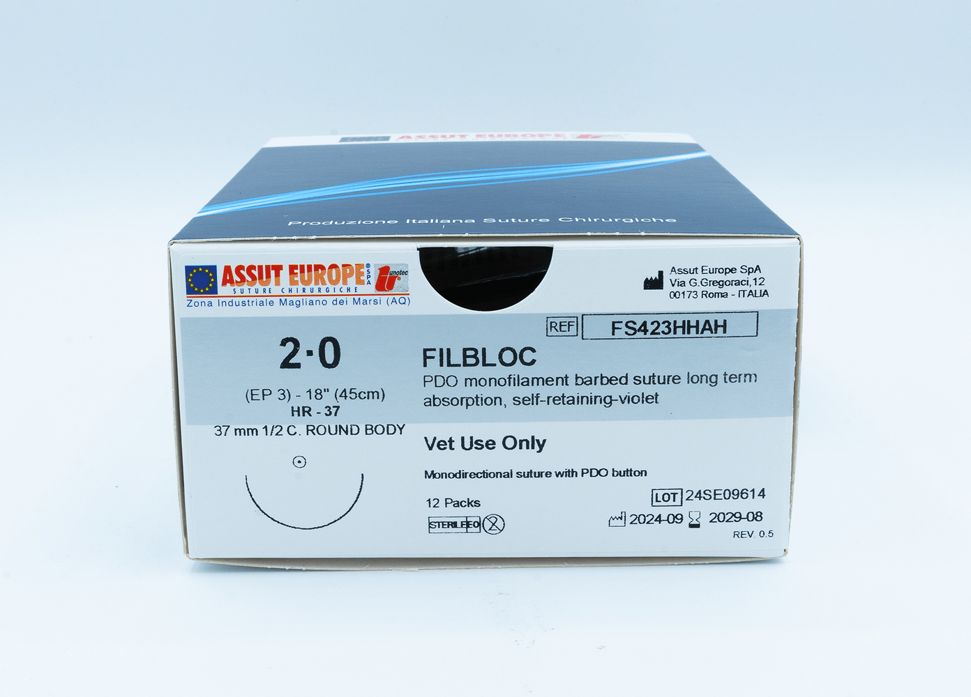 Assut Europe FILBLOC Absorbable Surgical Suture USP Size 2-0, (HR-37) 1/2 37 mm C. Round Body Needle, 18 Inches (45 cm), 12 Count, Veterinary Use Only