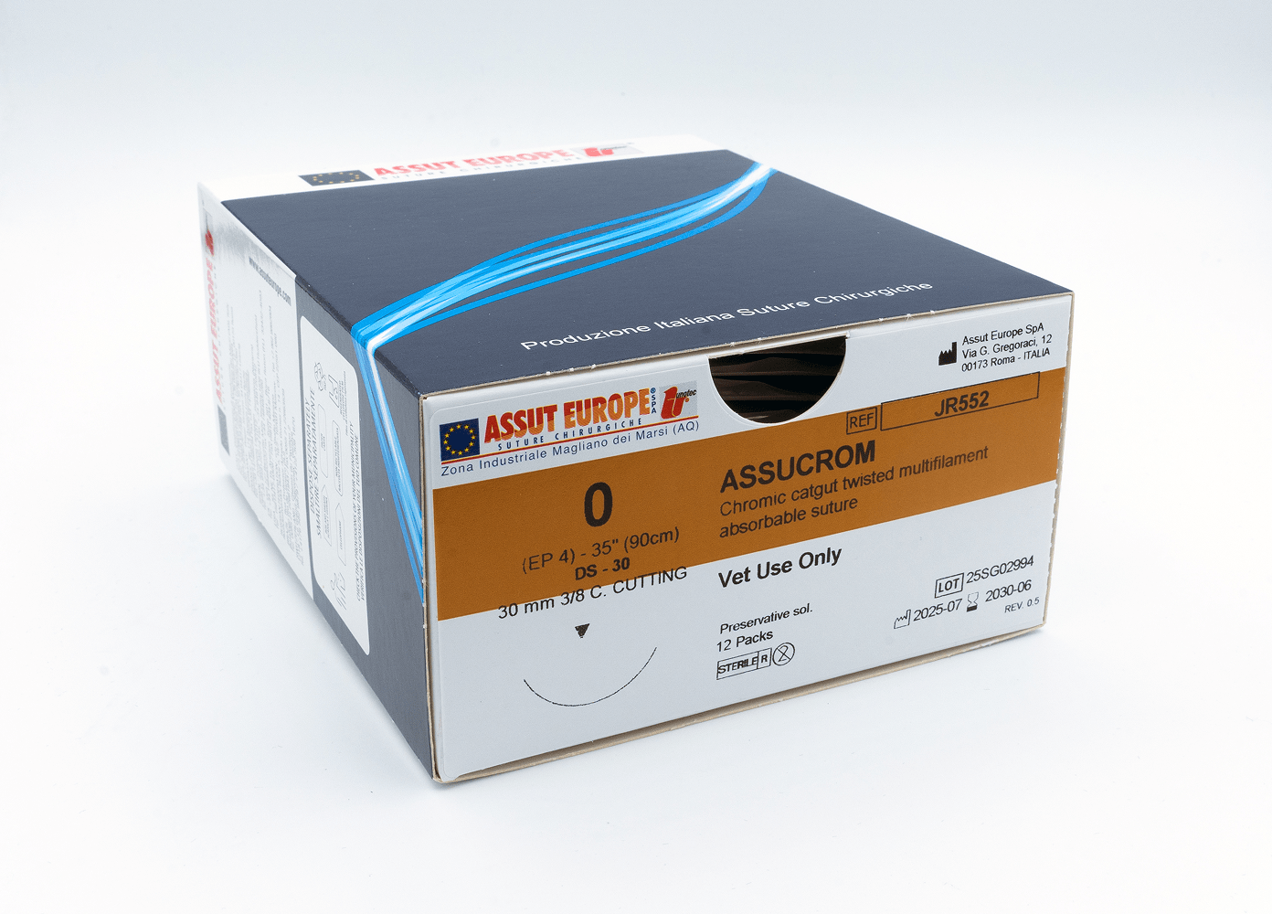 Assut Europe ASSUCROM Absorbable Surgical Suture USP Size 0, (DS-30) 30mm 3/8 C. Cutting Edge, 35 Inches (90 cm), 12 Count, Veterinary Use Only