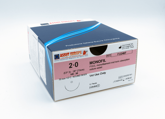 Assut Europe MONOFIL Absorbable Surgical Suture USP Size 2-0, (HR-30) 30mm 1/2 C. TAPER, 28 Inches (70 cm), 12 Count, Veterinary Use Only