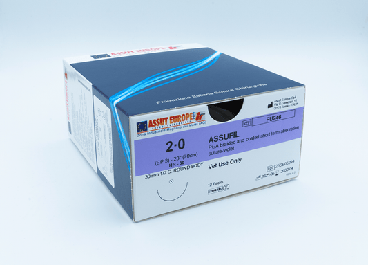 Assut Europe ASSUFIL Absorbable Surgical Suture USP Size 2-0, (HR-30) 30mm 1/2 C. TAPER, 28 Inches (70 cm), 12 Count, Veterinary Use Only