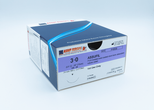 Assut Europe ASSUFIL Absorbable Surgical Suture USP Size 3-0, (DS-24) 24mm 3/8 C. Cutting Edge, 28 Inches (70 cm), 12 Count, Veterinary Use Only