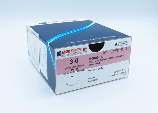 Assut Europe MONOFIL Absorbable Surgical Suture USP Size 3-0, (DS-24) 24mm 3/8 C. Cutting Edge, 28 Inches (70 cm), 12 Count, Veterinary Use Only