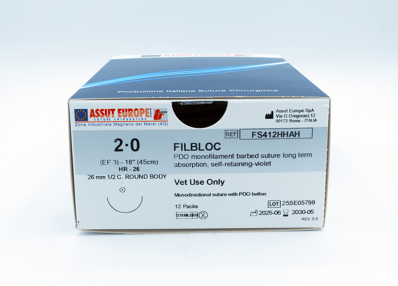 Assut Europe FILBLOC Absorbable Surgical Suture USP Size 2-0, (HR-26) 26 mm 1/2 C. TAPER, 18 Inches (45 cm), 12 Count, Veterinary Use Only