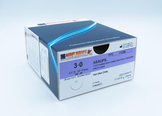 Assut Europe ASSUFIL Absorbable Surgical Suture USP Size 3-0, (HR-26) 26mm 1/2 C. TAPER, 28 Inches (70 cm), 12 Count, Veterinary Use Only